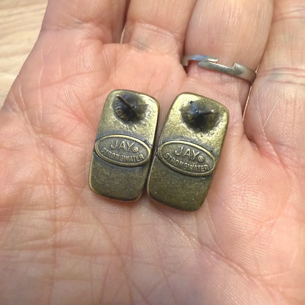 Jay Strongwater Vintage Rectangular Wood Inlay Stud Earrings Antique Brass Tone